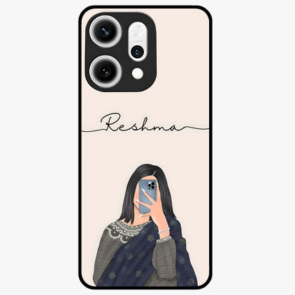 Mirror Mood Muse With Custom Name Glass Case showing flat back view with stylish mirrored artwork and personalized name design.
