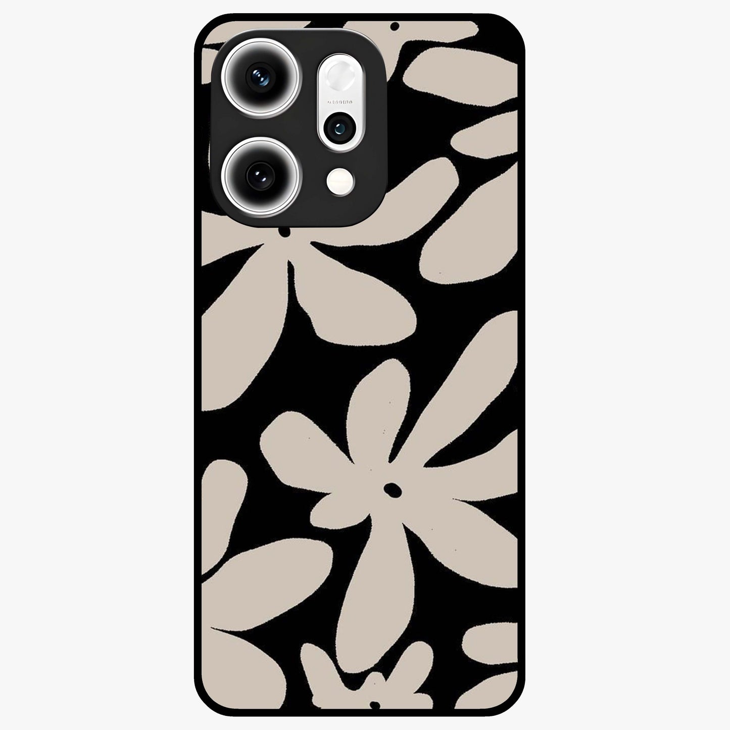 Monochrome Petal Dance Glass Case showing flat back view with monochrome floral artwork and glossy glass finish.