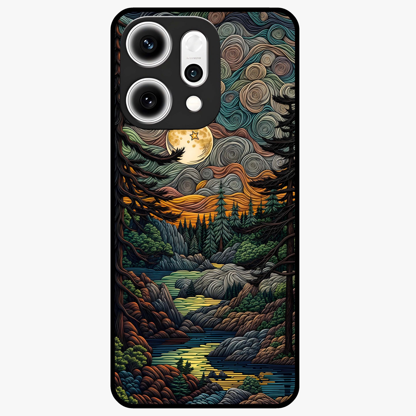 Moonlight Forest Dream Glass Case showing flat back view with mystical forest moonlight artwork and glossy glass finish.
