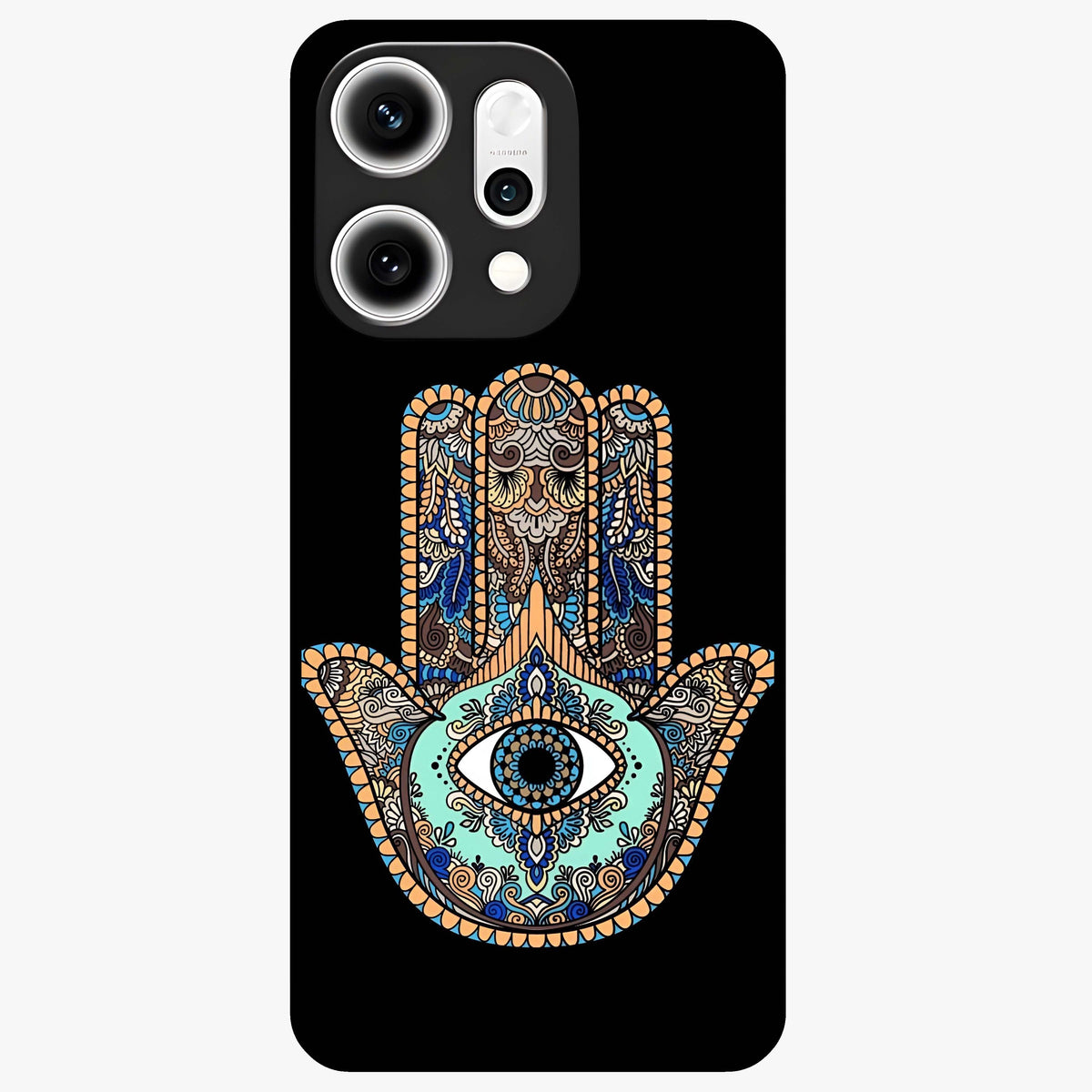 Mystic Hamsa Eye Glass Case showing flat back view with protective hamsa hand and evil eye artwork and glossy glass finish.
