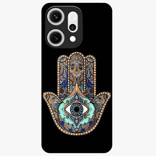 Mystic Hamsa Eye Glass Case showing flat back view with protective hamsa hand and evil eye artwork and glossy glass finish.