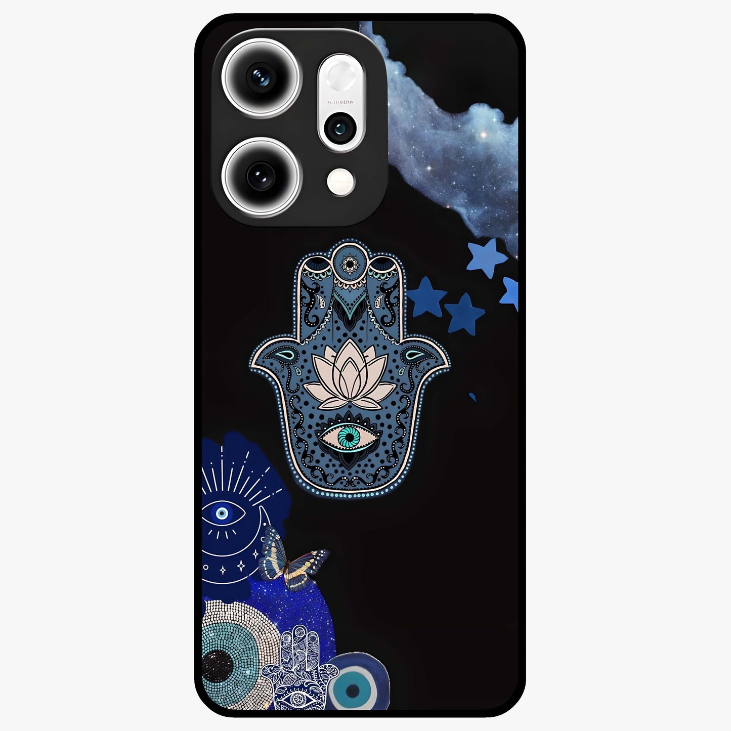 Mystic Hand Aura Glass Case showing flat back view with mystical hand symbol artwork and glossy glass finish.