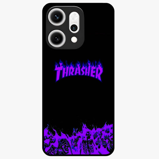 Neon Flame Riot Glass Case showing flat back view with neon flame artwork and glossy glass finish.