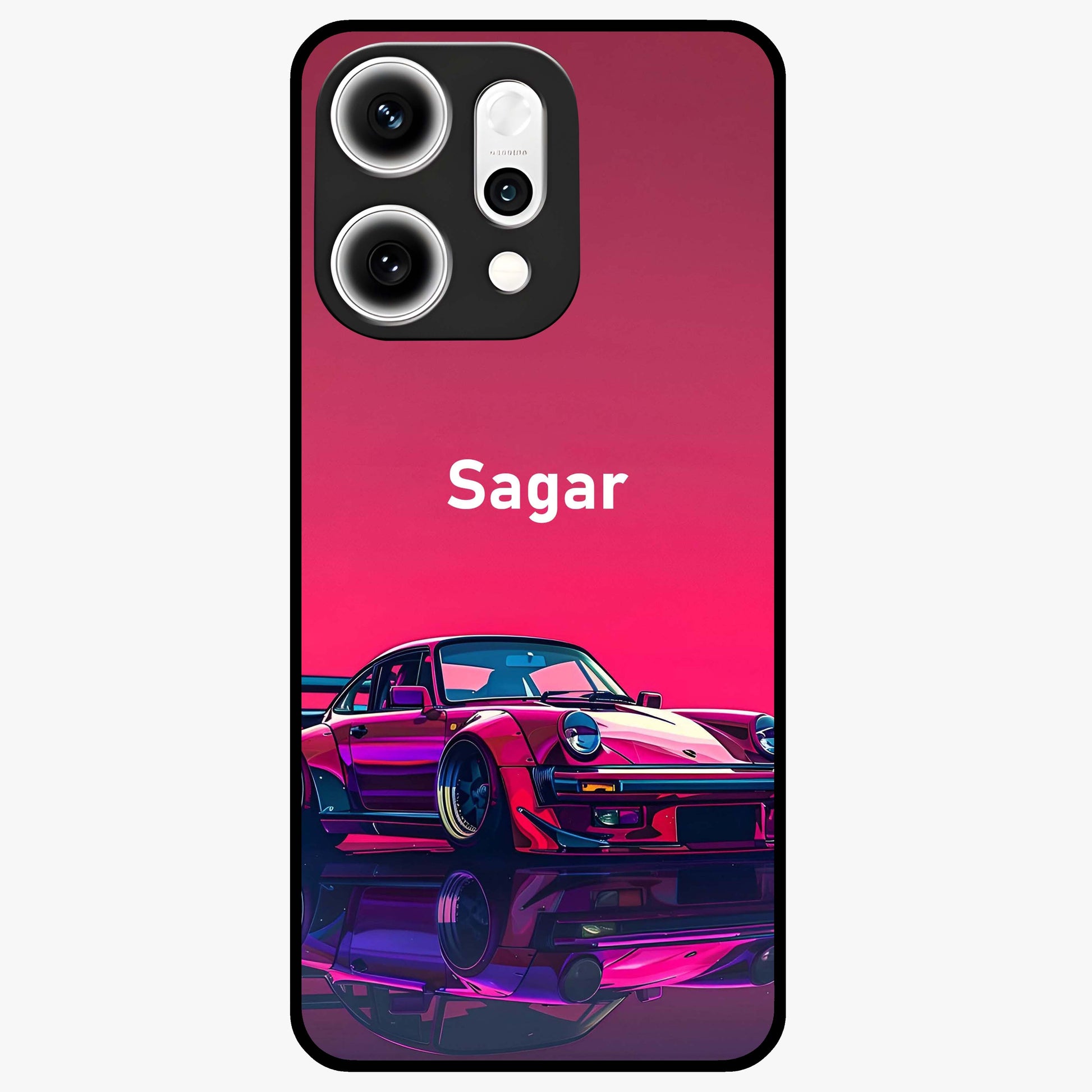 Neon Pink Porsche Glass Case showing flat back view with stylish sports car artwork and glossy glass finish.