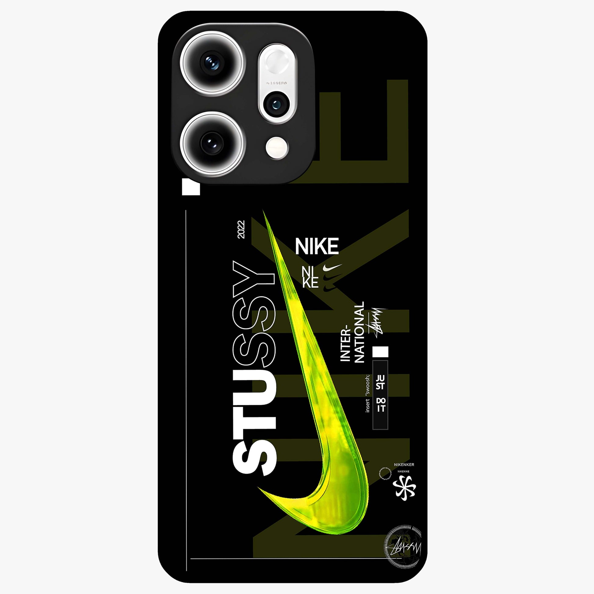 Neon Street Edition Glass Case showing flat back view with neon street style artwork and glossy glass finish.