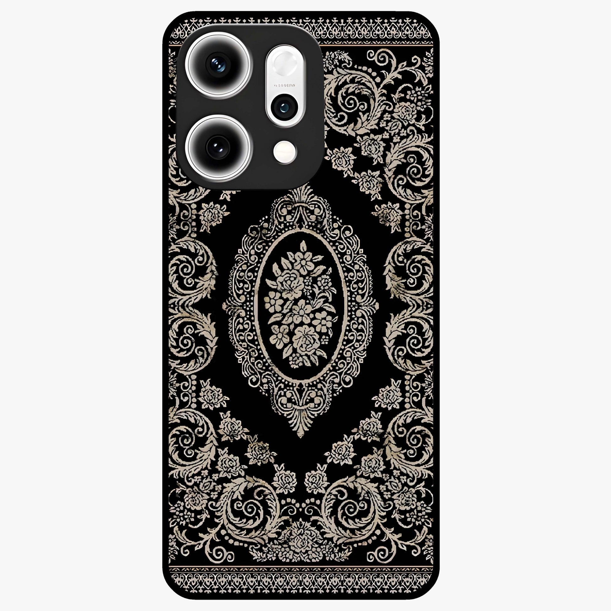 Noir Bloom Elegance Glass Case showing flat back view with elegant dark floral artwork and glossy glass finish.