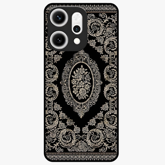 Noir Bloom Elegance Glass Case showing flat back view with elegant dark floral artwork and glossy glass finish.