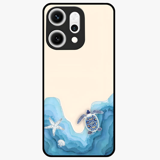 Ocean Drift Turtle Glass Case showing flat back view with sea turtle artwork and glossy glass finish.