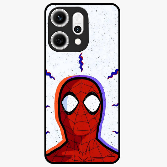 Omg Spiderman Glass Case showing flat back view with bold superhero inspired artwork and glossy glass finish.