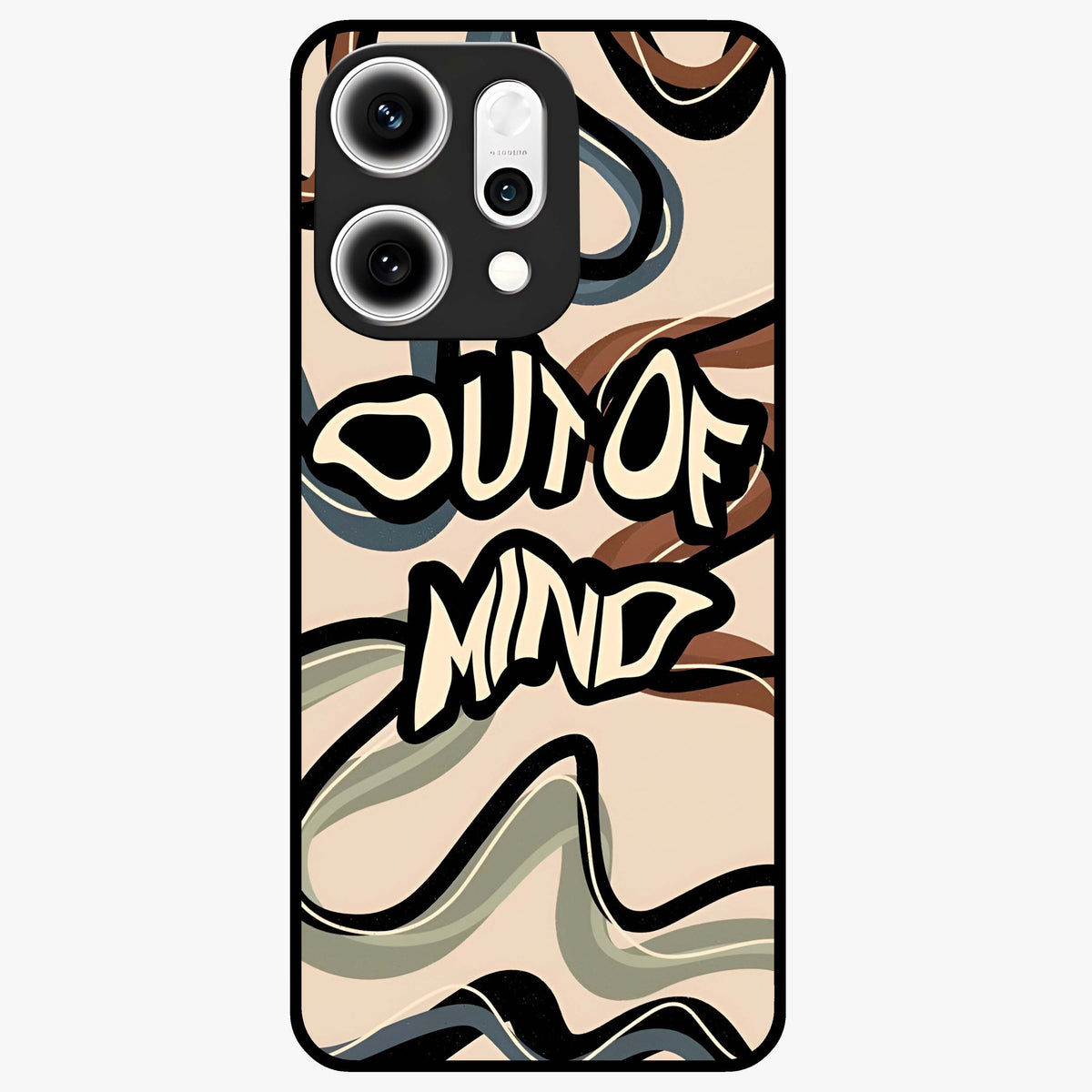 Out Of Mind Glass Case showing flat back view with expressive typography artwork and glossy glass finish.