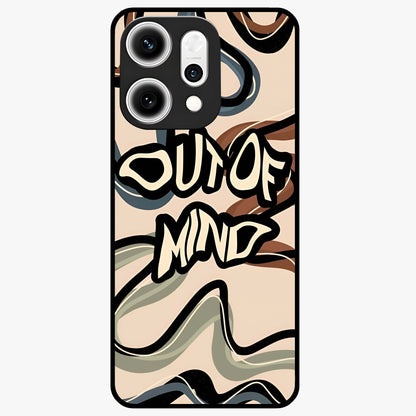 Out Of Mind Glass Case showing flat back view with expressive typography artwork and glossy glass finish.