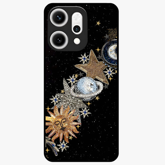 Pearls Universe Object Glass Case showing flat back view with pearl inspired cosmic artwork and glossy glass finish.