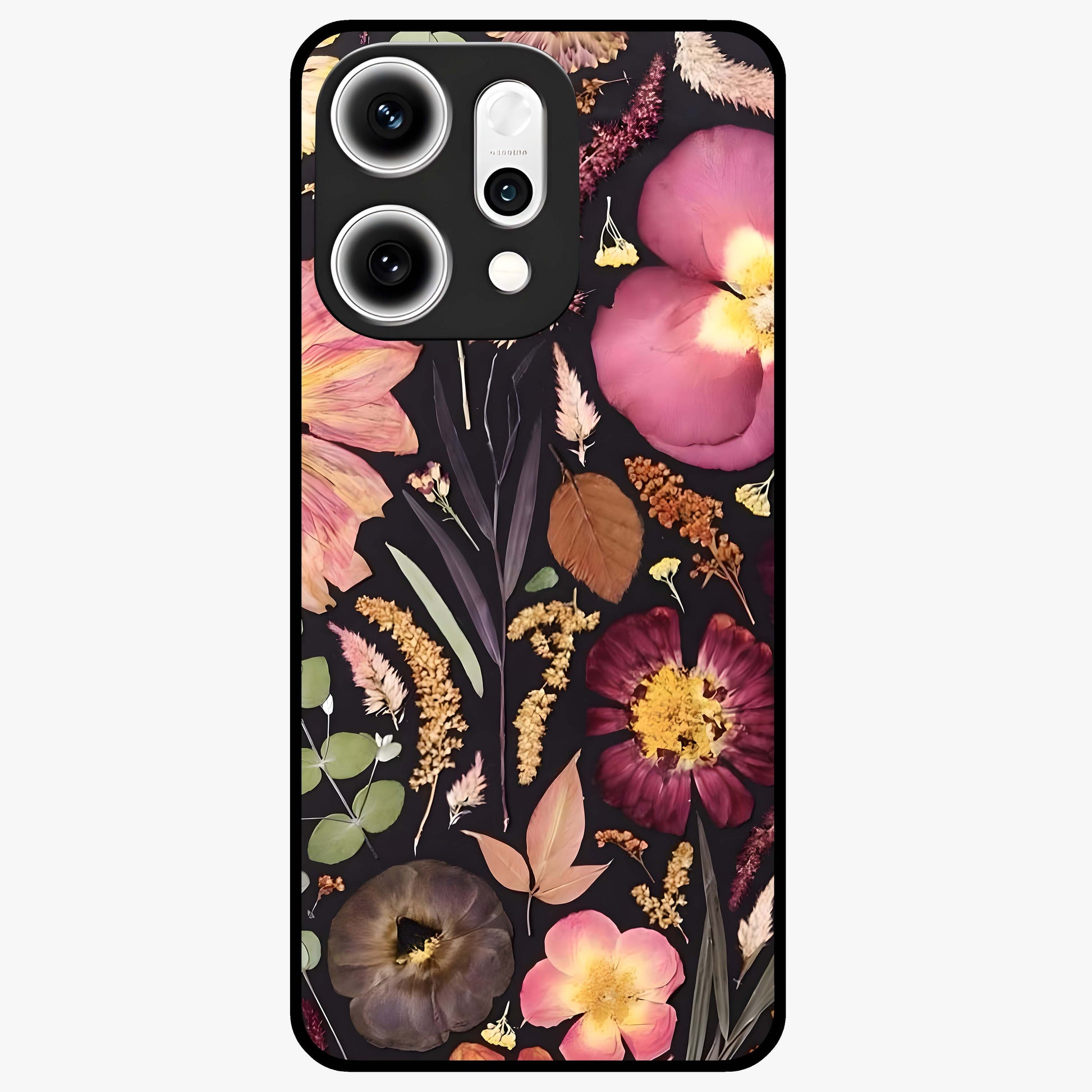 Petal Dream Tapestry Glass Case showing flat back view with intricate floral tapestry artwork and glossy glass finish.
