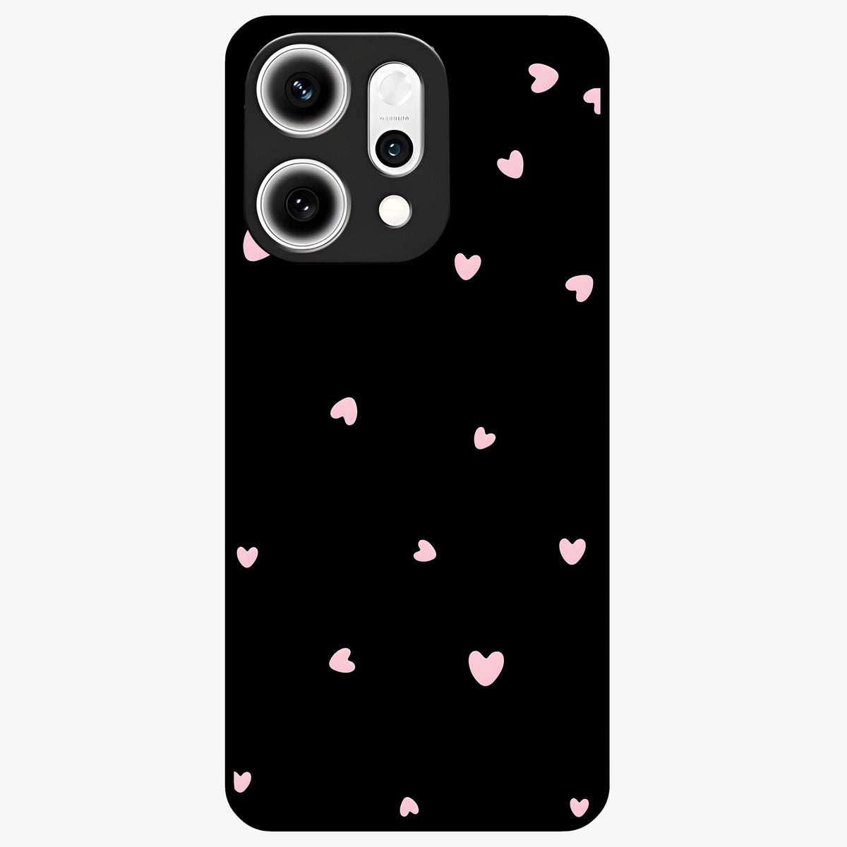 Pink Love Drops Glass Case showing flat back view with playful pink heart drops artwork and glossy glass finish.