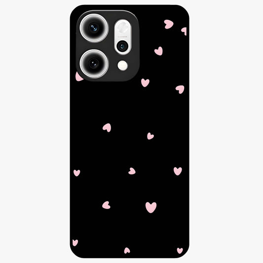 Pink Love Drops Glass Case showing flat back view with playful pink heart drops artwork and glossy glass finish.
