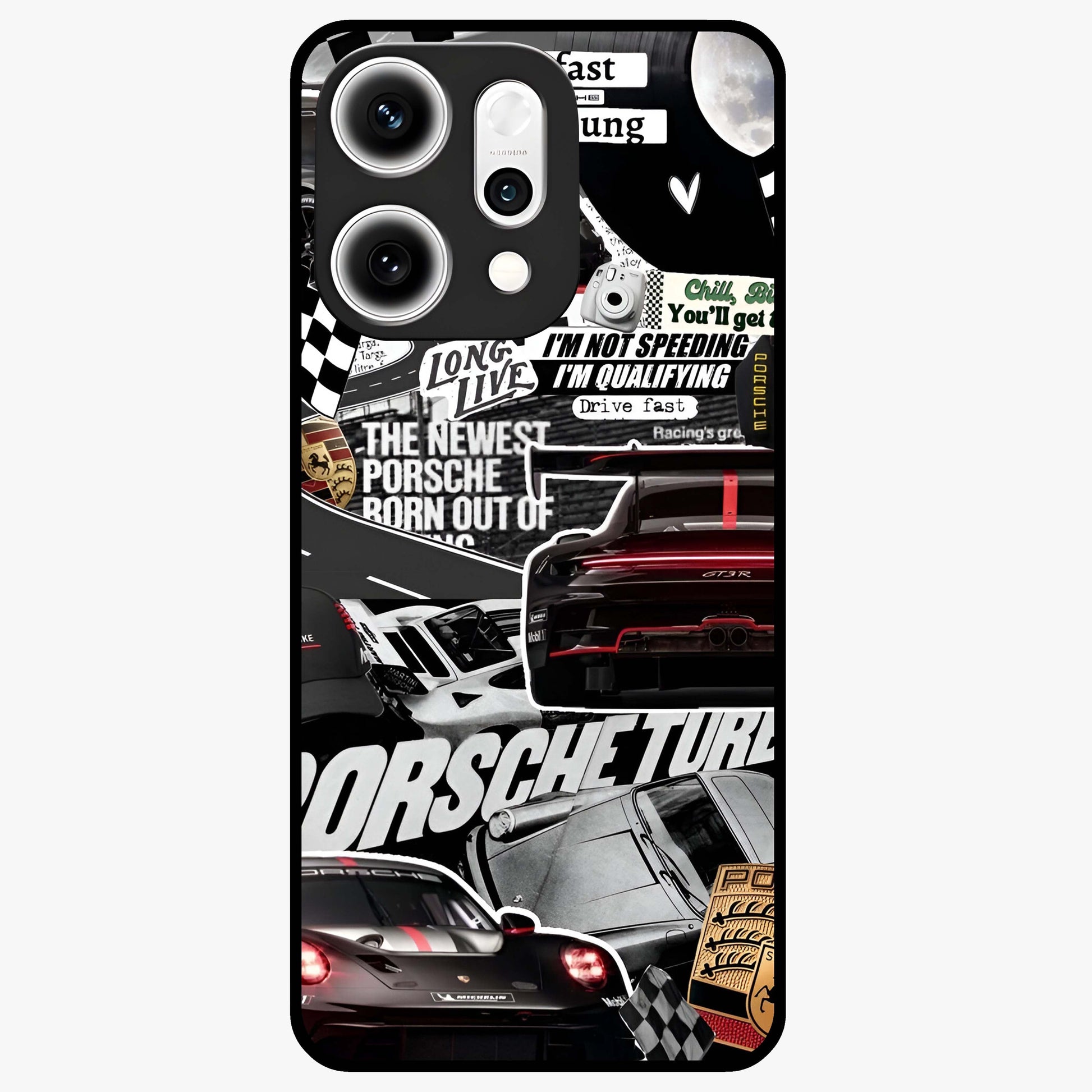 Porsche Racing Collage Glass Case showing flat back view with sports car racing collage artwork and glossy glass finish.