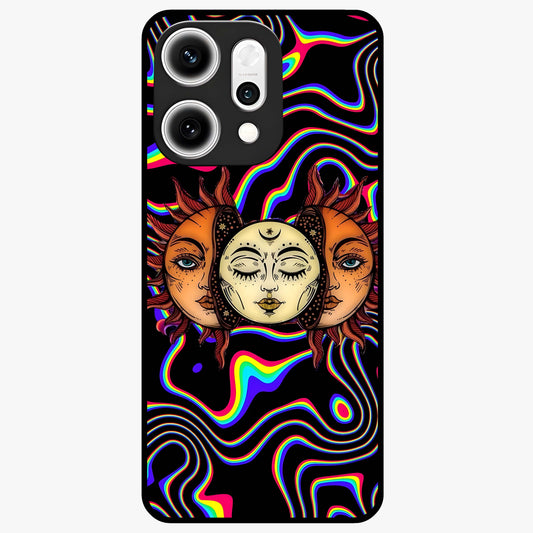 Psychedelic Sun Glass Case showing flat back view with colorful psychedelic sun artwork and glossy glass finish.