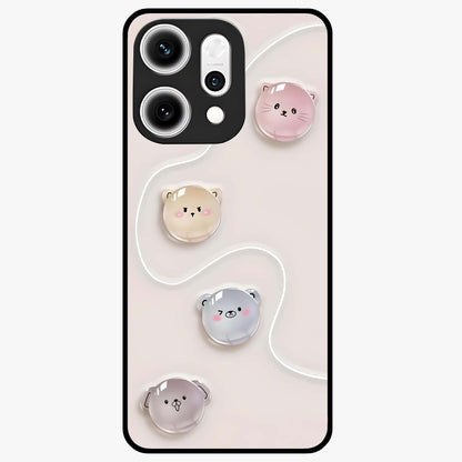 Puffy Face Parade Glass Case showing flat back view with cute puffy character faces artwork and glossy glass finish.