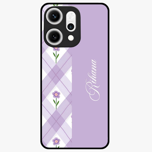 Purple Diamond Floral Glass Case showing flat back view with diamond shaped floral artwork and glossy glass finish.
