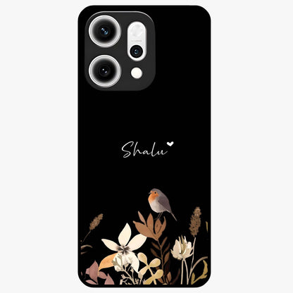 Quiet Garden Tune Custom Name Glass Case showing flat back view with peaceful garden artwork and personalized name design.