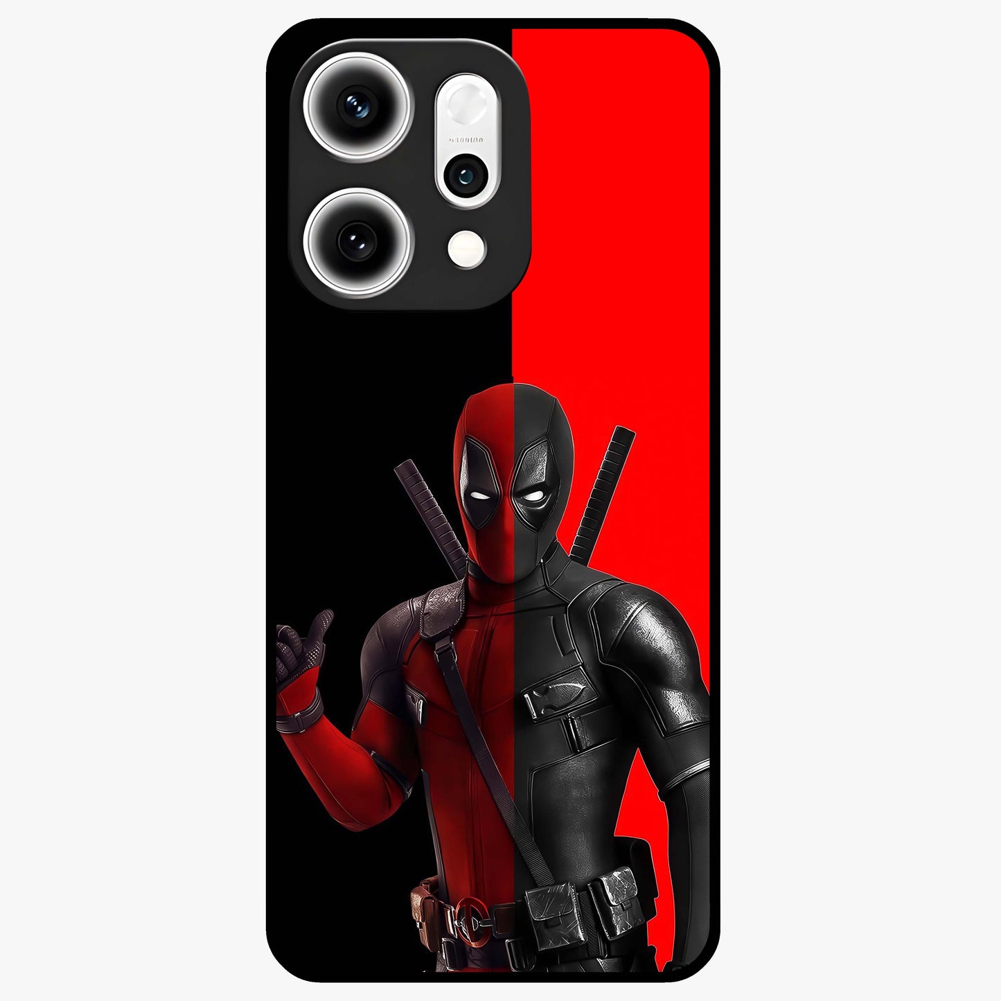 Red & Black Deadpool Theme Glass Case showing flat back view with bold comic inspired artwork and glossy glass finish.