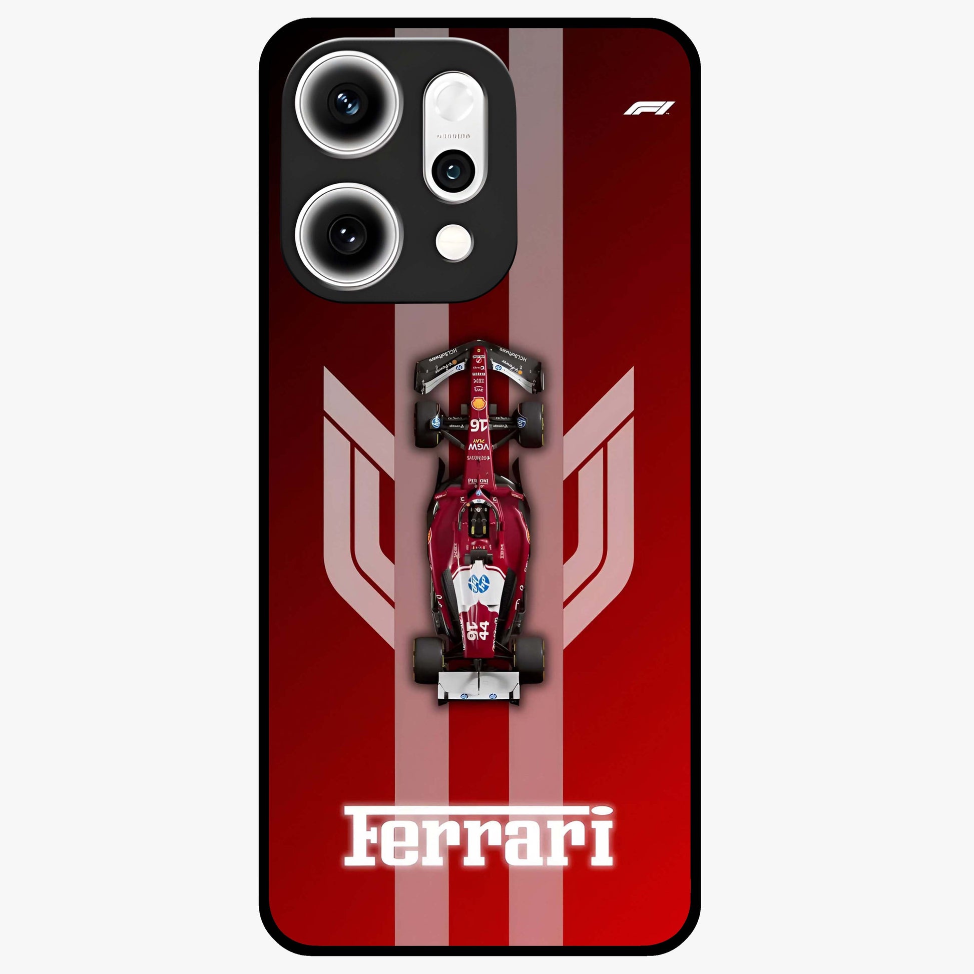 Red Ferrari F1 Vertical Glass Case showing flat back view with sleek Formula racing car artwork and glossy glass finish.