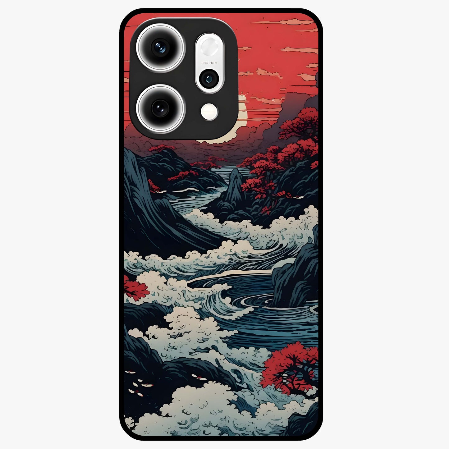 Red Sunset Scenery Glass Case showing flat back view with vibrant sunset landscape artwork and glossy glass finish.