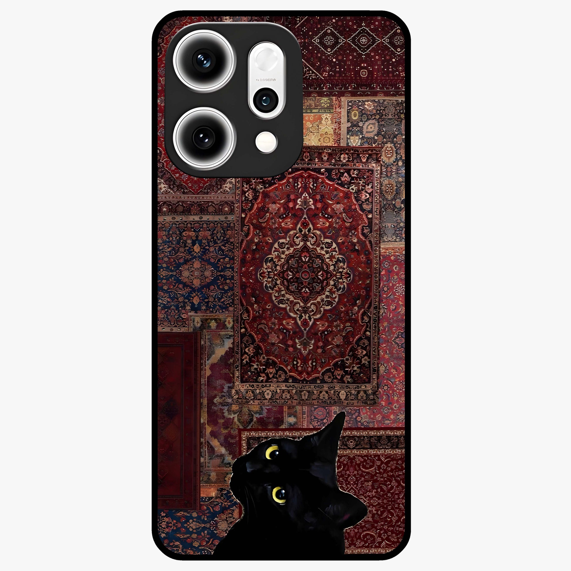 Regal Magic Cat Apple Glass Case showing flat back view with magical cat artwork holding apple and glossy glass finish.