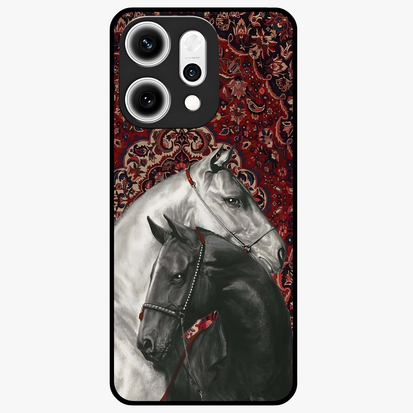 Regal Stallion Tapestry Glass Case showing flat back view with majestic horse tapestry artwork and glossy glass finish.
