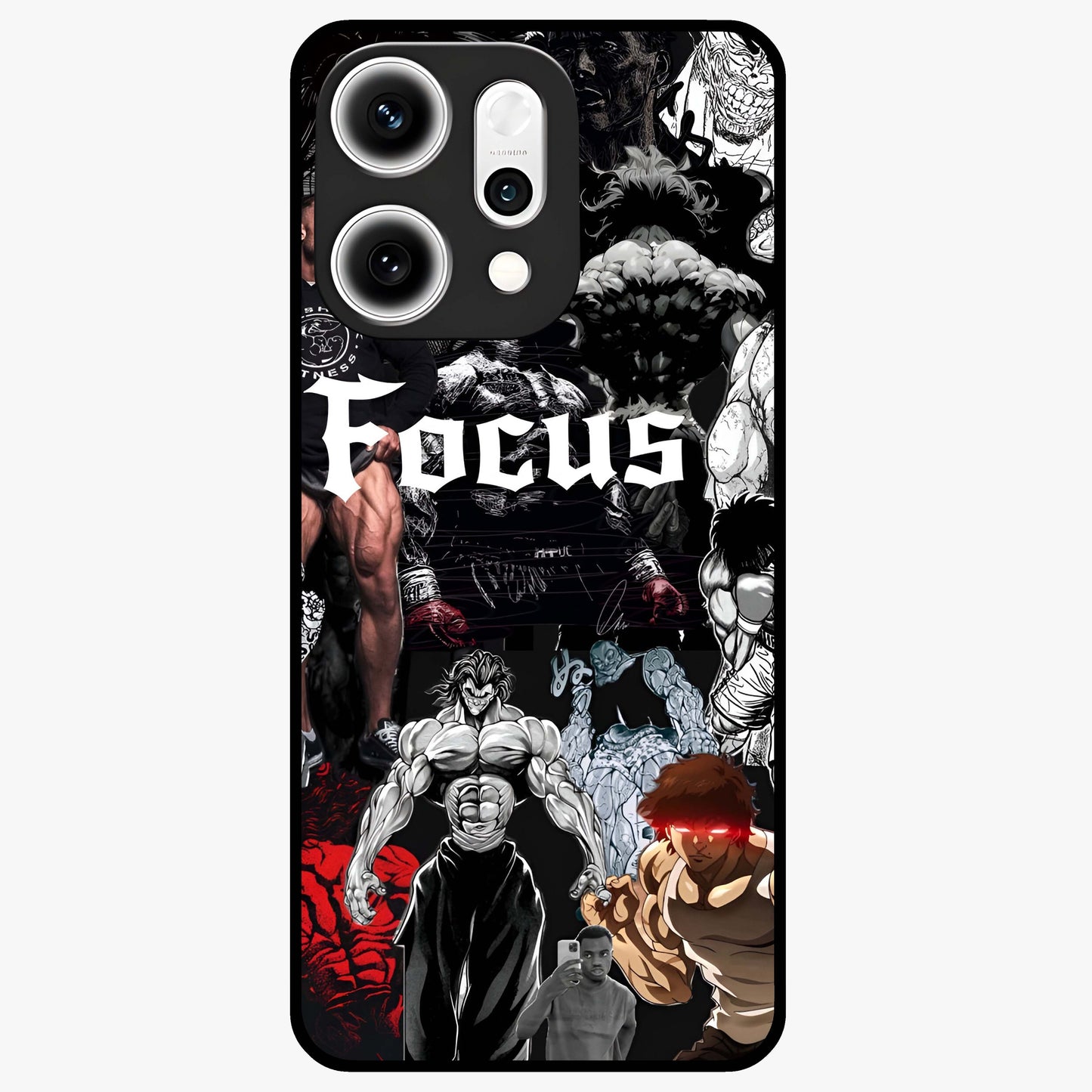 Relentless Power Focus Glass Case showing flat back view with motivational typography artwork and glossy glass finish.