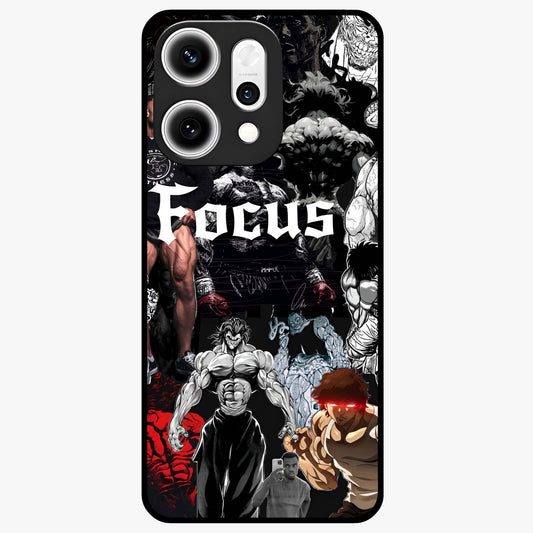 Relentless Power Focus Glass Case showing flat back view with motivational typography artwork and glossy glass finish.
