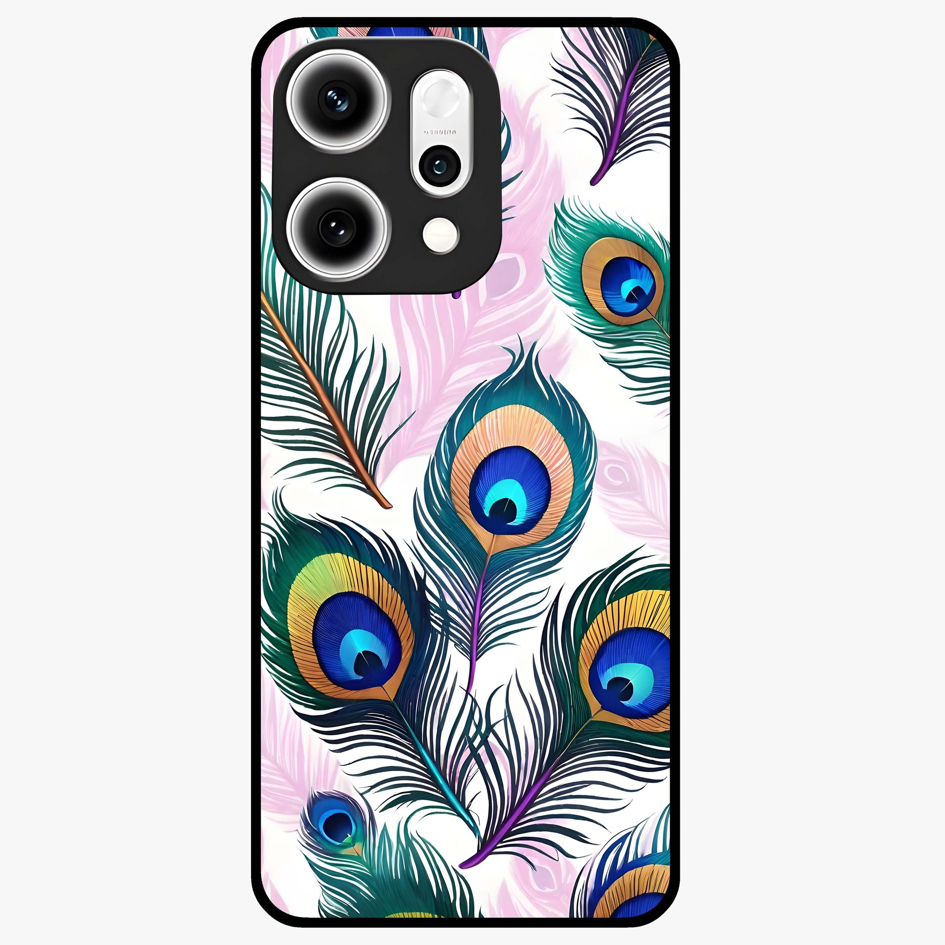 Royal Peacock Feathers Glass Case showing flat back view with colorful peacock feather artwork and glossy glass finish.