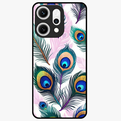 Royal Peacock Feathers Glass Case showing flat back view with colorful peacock feather artwork and glossy glass finish.