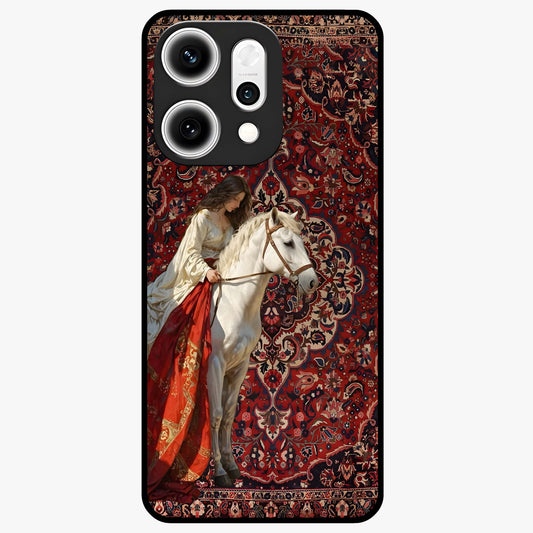 Royal Rider Tapestry Glass Case showing flat back view with majestic horse rider tapestry artwork and glossy glass finish.