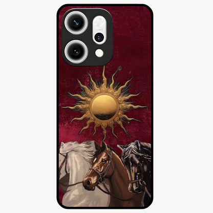Solar Riders Glass Case showing flat back view with dynamic rider themed artwork and glossy glass finish.