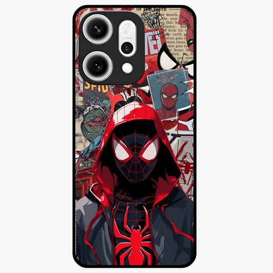 Spider Collage Street Glass Case showing flat back view with vibrant superhero collage artwork and glossy glass finish.