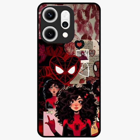 Spider Love Story Glass Case showing flat back view with romantic superhero themed artwork and glossy glass finish.