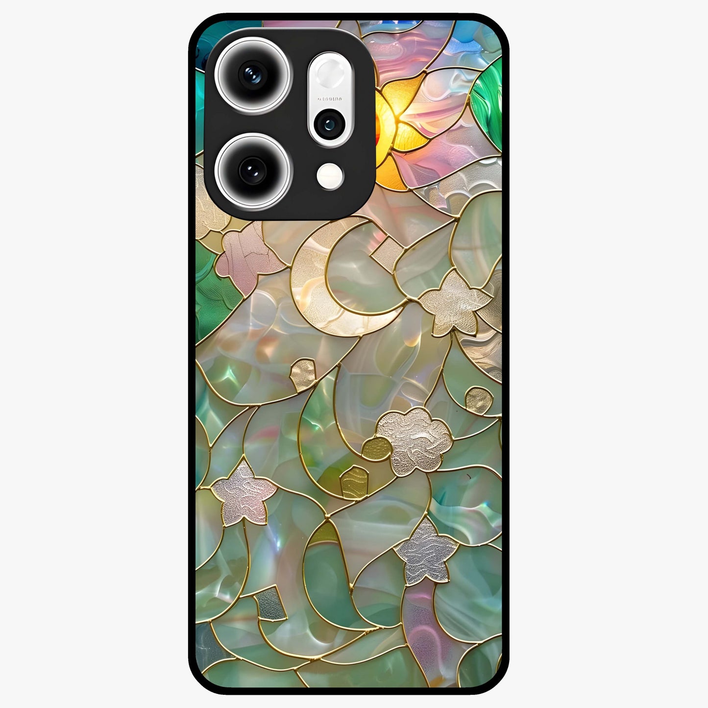 Stained Sunrise Glow Glass Case showing flat back view with glowing sunrise stained pattern artwork and glossy glass finish.