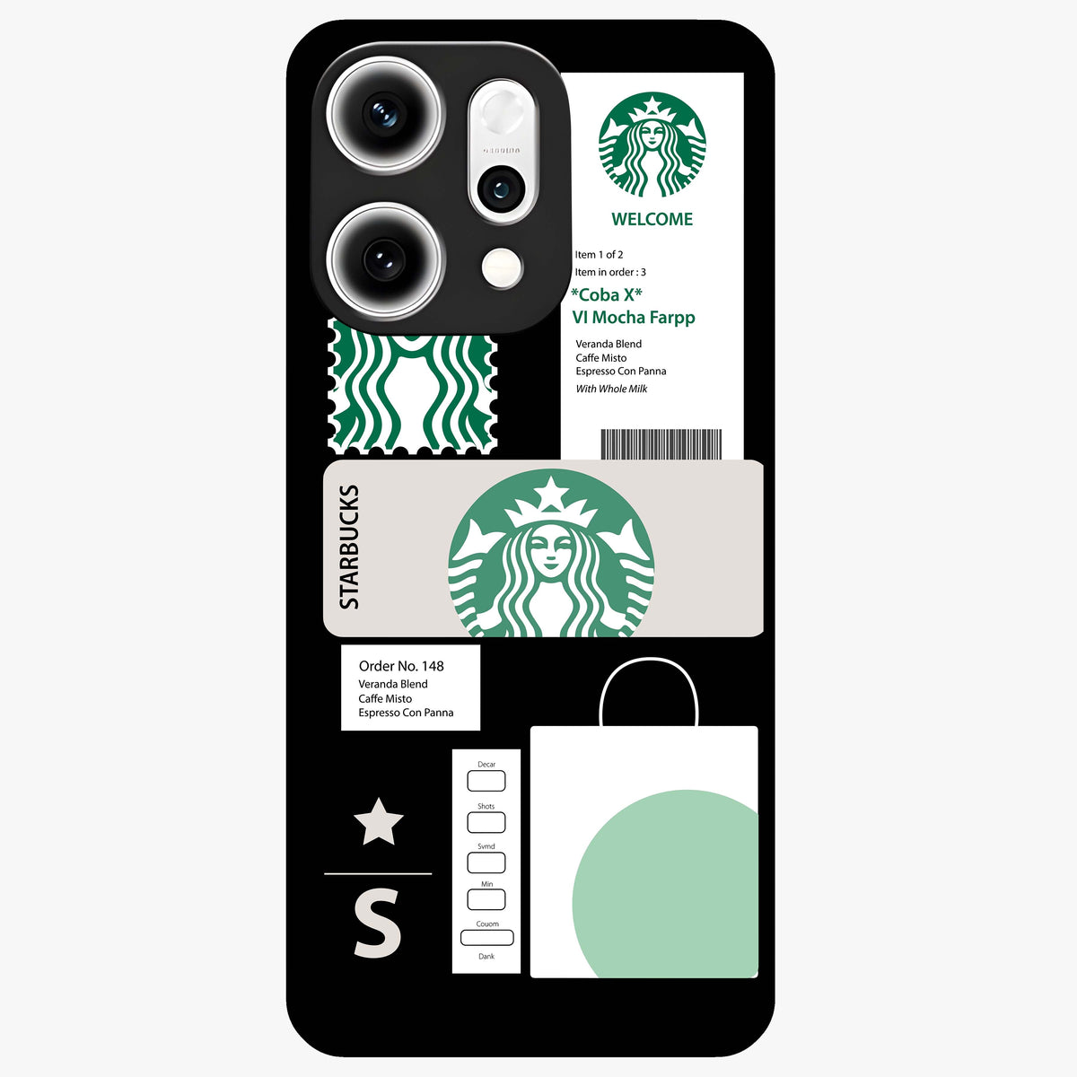 Starbucks Mocha Glass Case showing flat back view with coffee inspired artwork and glossy glass finish.
