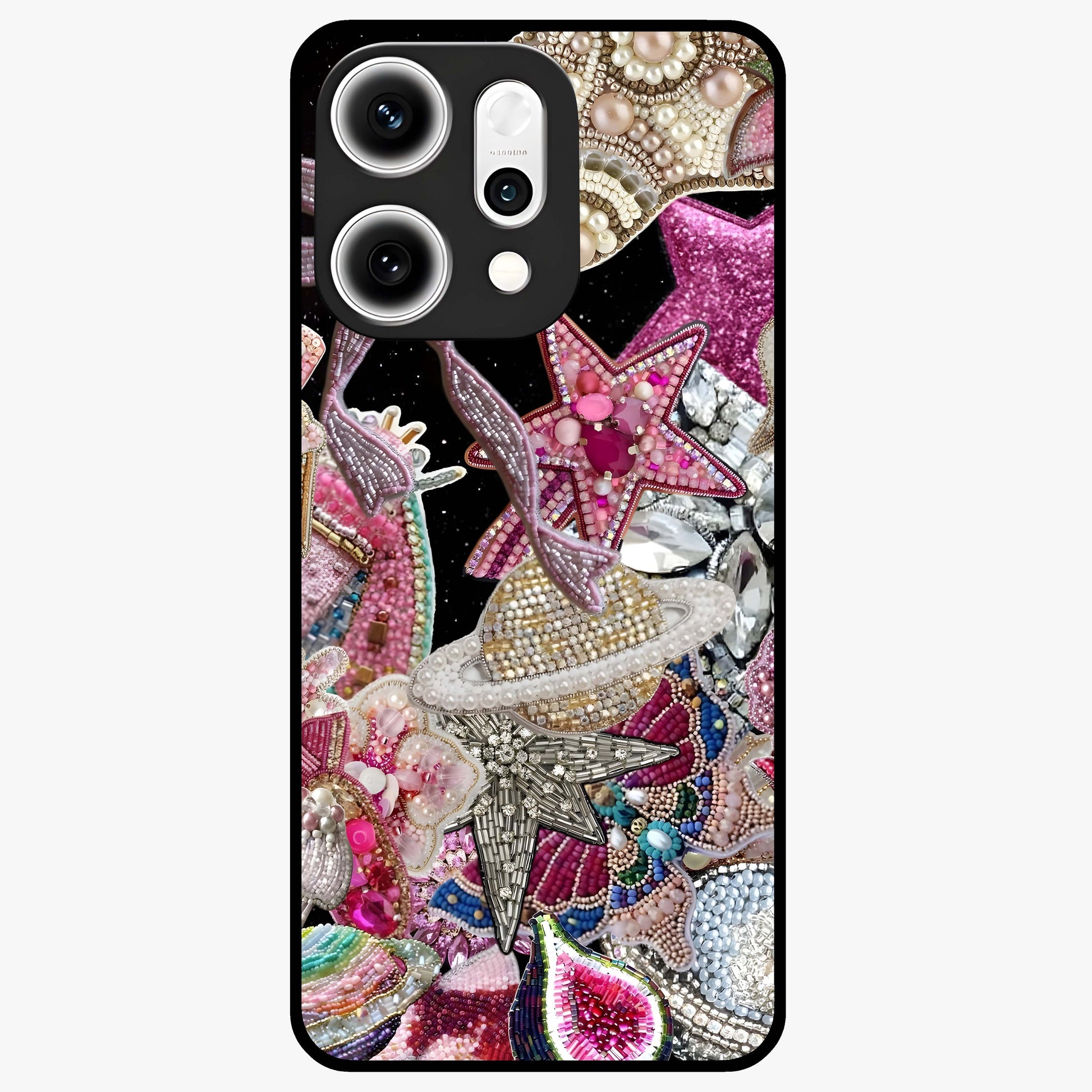 Starlit Jewel Dream Glass Case showing flat back view with sparkling jewel and star themed artwork and glossy glass finish.