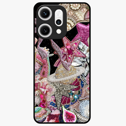 Starlit Jewel Dream Glass Case showing flat back view with sparkling jewel and star themed artwork and glossy glass finish.