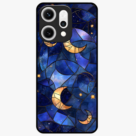 Starlit Sky Tapestry Glass Case showing flat back view with decorative starry sky tapestry artwork and glossy glass finish.