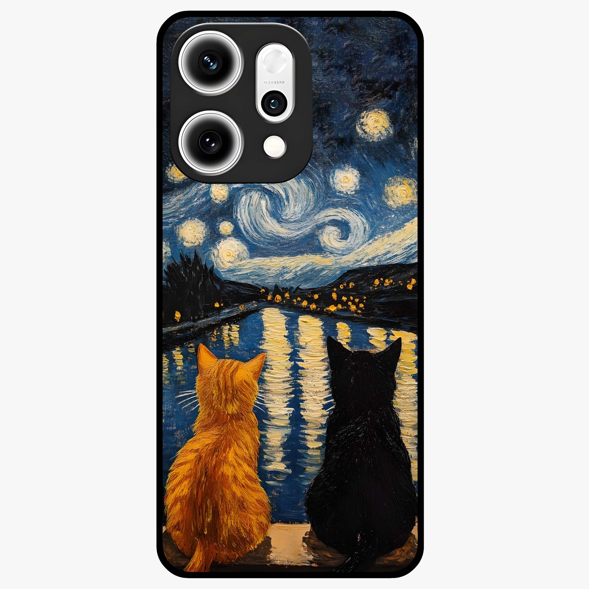 Starry River Cats Glass Case showing flat back view with cats by a starry river artwork and glossy glass finish.