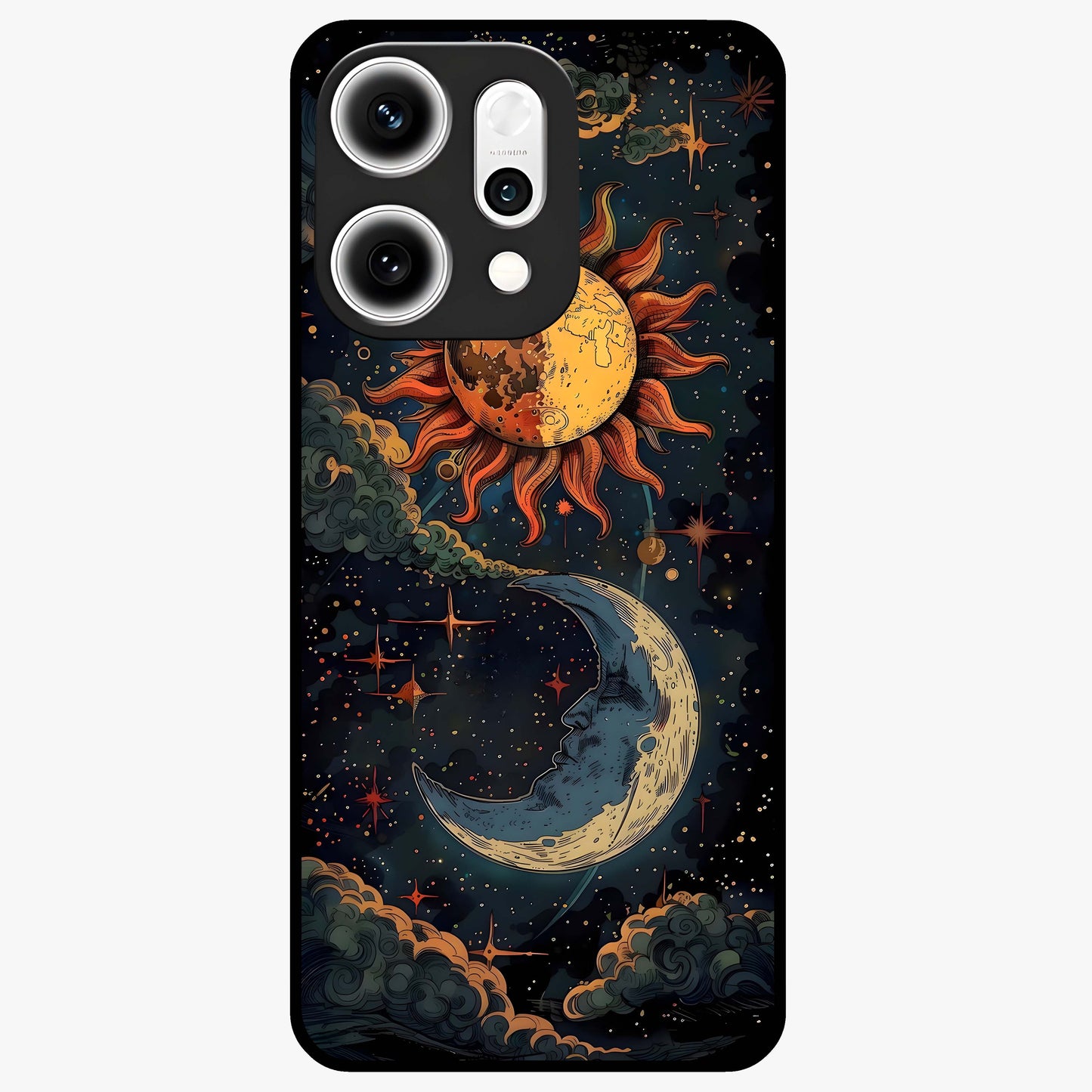 Sun And Moon Magic Design Glass Case showing flat back view with mystical sun and moon artwork and glossy glass finish.