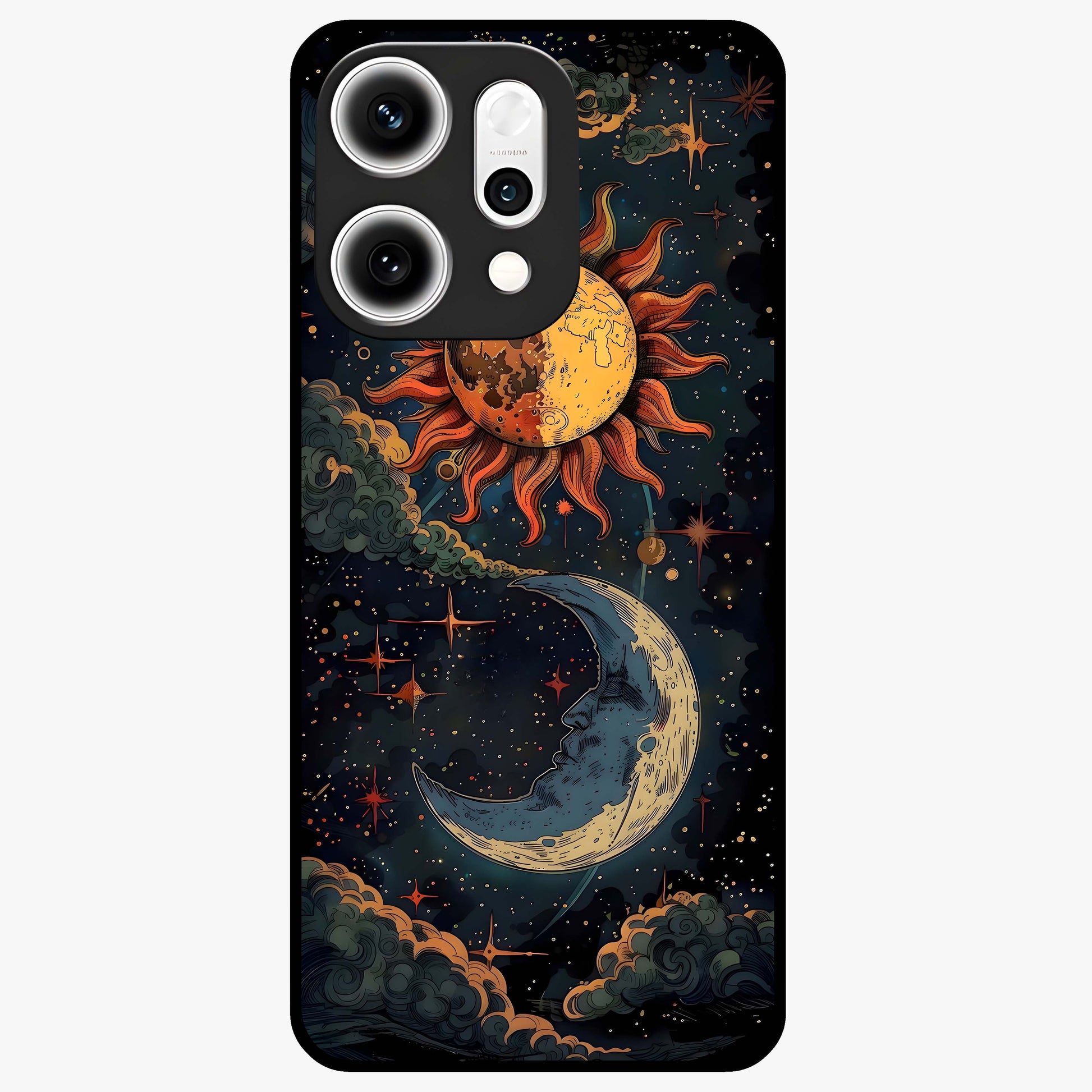Sun And Moon Magic Design Glass Case showing flat back view with mystical sun and moon artwork and glossy glass finish.