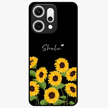 Sunflower Chic Mood Custom Name Glass Case showing flat back view with stylish sunflower artwork and personalized name design.