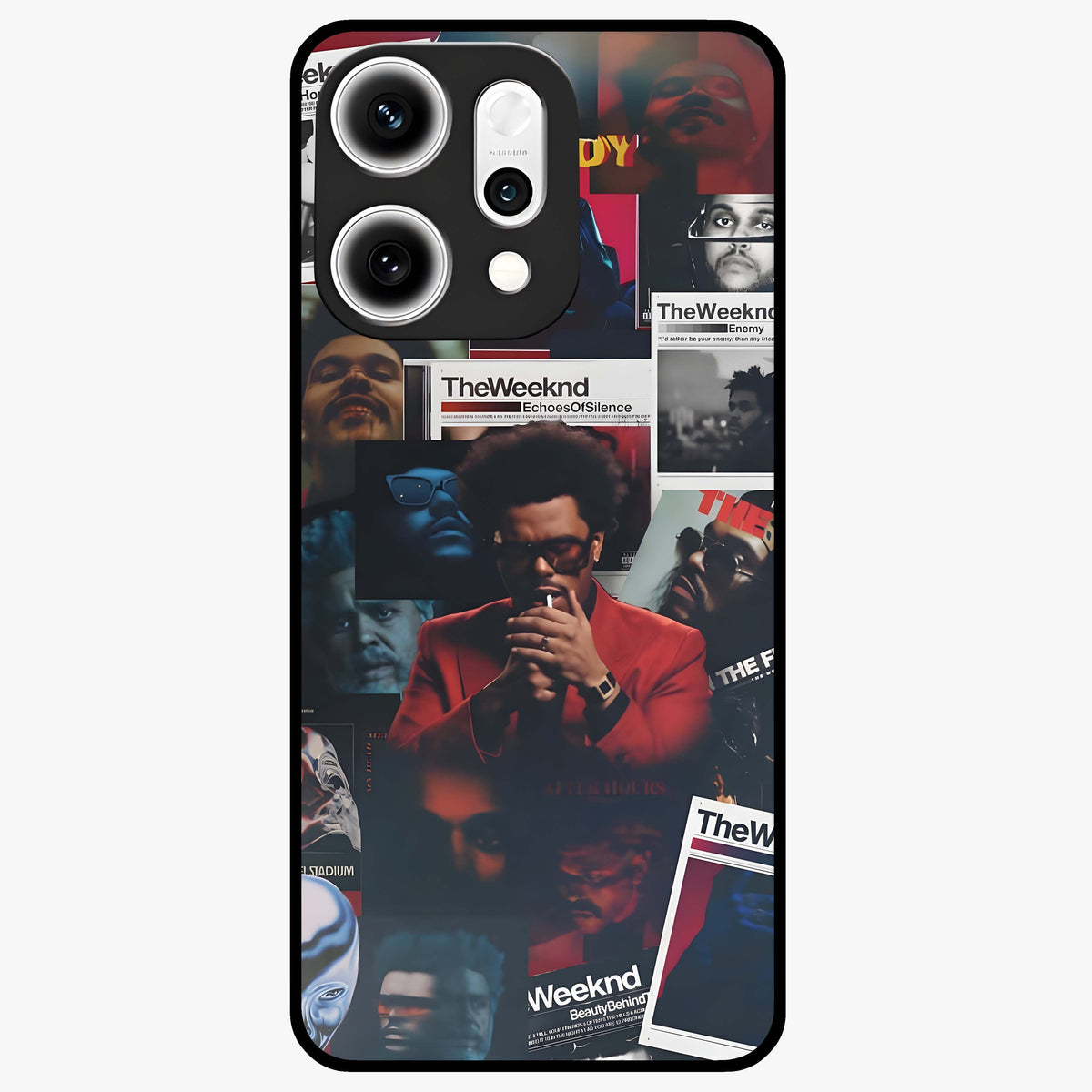 The Weeknd Glass Case showing flat back view with music inspired artistic portrait artwork and glossy glass finish.