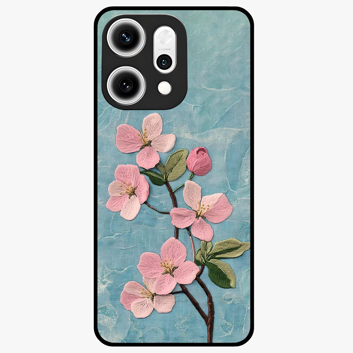 Threaded Blossom Breeze Glass Case showing flat back view with delicate blossom artwork and glossy glass finish.