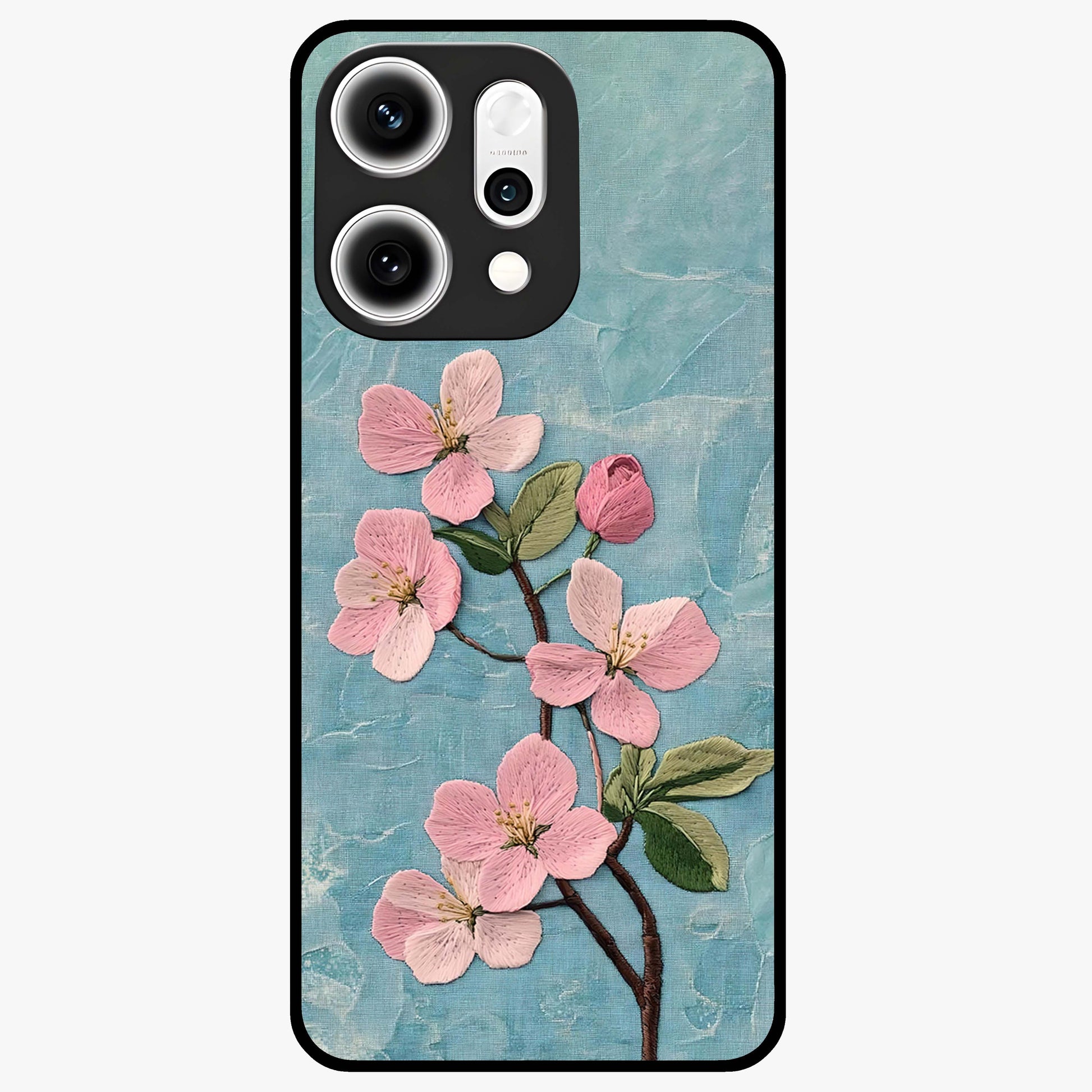 Threaded Blossom Breeze Glass Case showing flat back view with delicate blossom artwork and glossy glass finish.