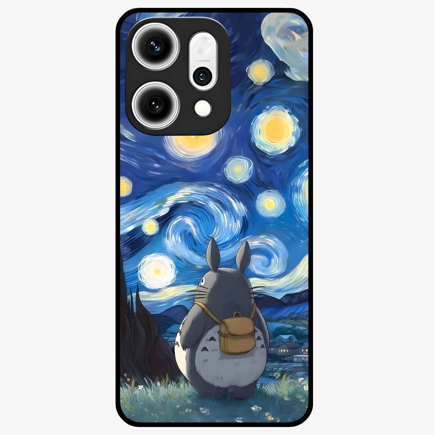 Totoro In Van Gogh Art Glass Case showing flat back view with whimsical character artwork inspired by Van Gogh style and glossy glass finish.